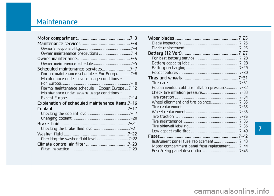 Hyundai Ioniq Electric 2017  Owners Manual 7
Maintenance
7
Maintenance
Motor compartment...............................................7-3 
Maintenance services ...........................................7-4Owners responsibility .............