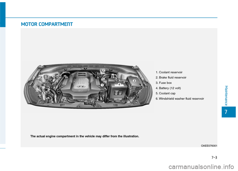 Hyundai Ioniq Electric 2017  Owners Manual 7-3
7
Maintenance
MMOOTTOO RR  CC OO MM PPAA RRTTMM EENN TT  
1. Coolant reservoir 
2. Brake fluid reservoir
3. Fuse box
4. Battery (12 volt) 
5. Coolant cap
6. Windshield washer fluid reservoir
OAEE0