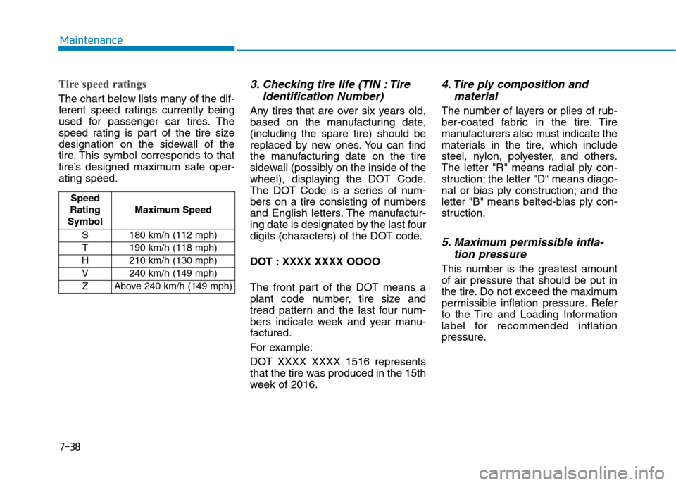 Hyundai Ioniq Electric 2017  Owners Manual 7-38
Maintenance
Tire speed ratings 
The chart below lists many of the dif- 
ferent speed ratings currently being
used for passenger car tires. The
speed rating is part of the tire size
designation on