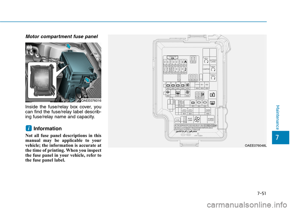 Hyundai Ioniq Electric 2017  Owners Manual 7-51
7
Maintenance
Motor compartment fuse panel
Inside the fuse/relay box cover, you 
can find the fuse/relay label describ-
ing fuse/relay name and capacity.Information 
Not all fuse panel descriptio