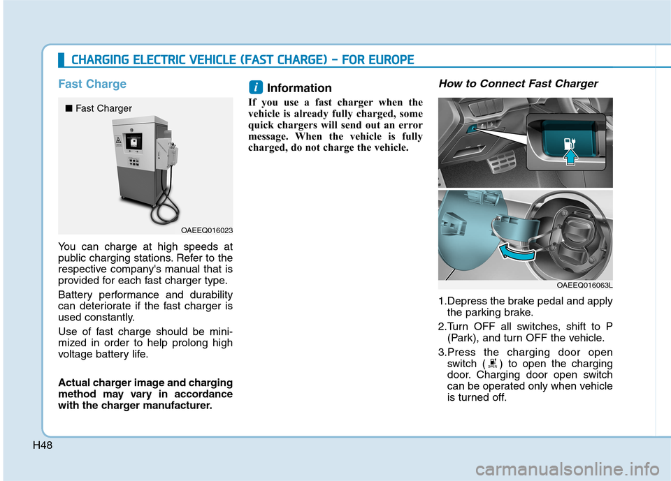 Hyundai Ioniq Electric 2017 Workshop Manual H48
Fast Charge
You can charge at high speeds at 
public charging stations. Refer to the
respective companys manual that is
provided for each fast charger type. 
Battery performance and durability 
c