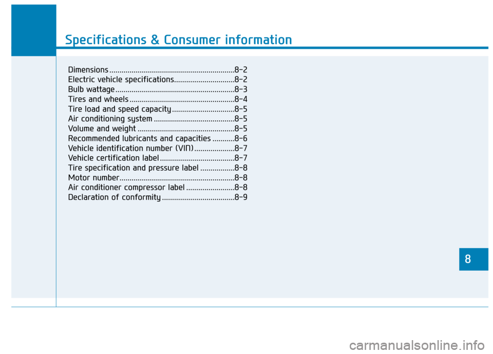 Hyundai Ioniq Electric 2017 Owners Manual 8
Specifications & Consumer information
8
Specifications & Consumer information
8
Dimensions ..............................................................8-2
Electric vehicle specifications......... Hyundai Ioniq Electric 2017 Owners Manual 8
Specifications & Consumer information
8
Specifications & Consumer information
8
Dimensions ..............................................................8-2
Electric vehicle specifications.........