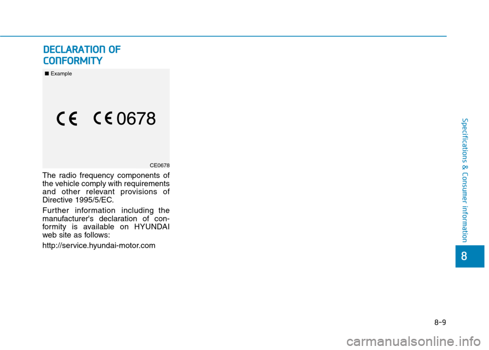 Hyundai Ioniq Electric 2017 Owners Manual 8-9
8
Specifications & Consumer information
The radio frequency components of
the vehicle comply with requirements
and other relevant provisions of
Directive 1995/5/EC.
Further information including Hyundai Ioniq Electric 2017 Owners Manual 8-9
8
Specifications & Consumer information
The radio frequency components of
the vehicle comply with requirements
and other relevant provisions of
Directive 1995/5/EC.
Further information including