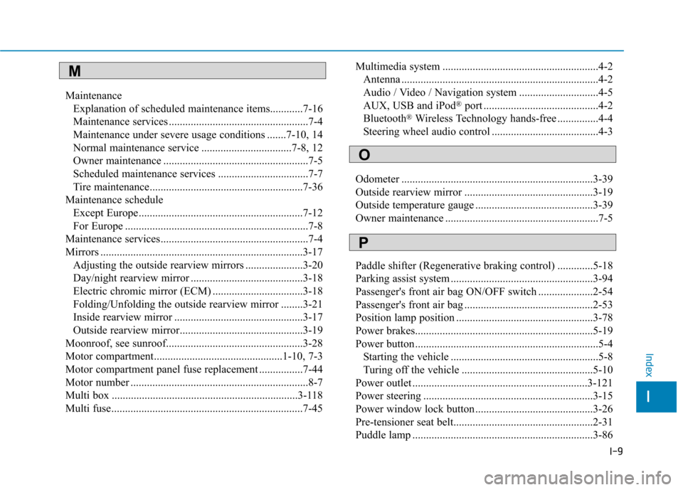 Hyundai Ioniq Electric 2017 Owners Manual I-9
Maintenance
Explanation of scheduled maintenance items............7-16
Maintenance services ...................................................7-4
Maintenance under severe usage conditions ...... Hyundai Ioniq Electric 2017 Owners Manual I-9
Maintenance
Explanation of scheduled maintenance items............7-16
Maintenance services ...................................................7-4
Maintenance under severe usage conditions ......