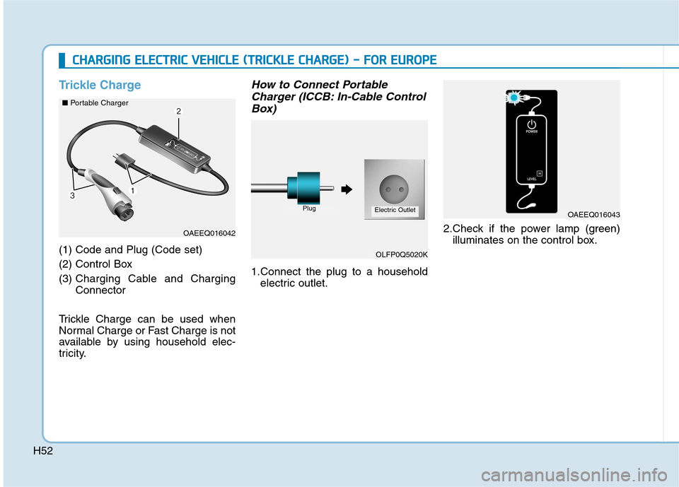 Hyundai Ioniq Electric 2017 Workshop Manual H52
Trickle Charge
(1) Code and Plug (Code set)  
(2) Control Box(3) Charging Cable and Charging Connector
Trickle Charge can be used when
Normal Charge or Fast Charge is not
available by using househ