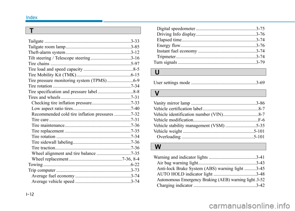 Hyundai Ioniq Electric 2017  Owners Manual I-12Tailgate .........................................................................3-33 
Tailgate room lamp .......................................................3-85
Theft-alarm system ..........