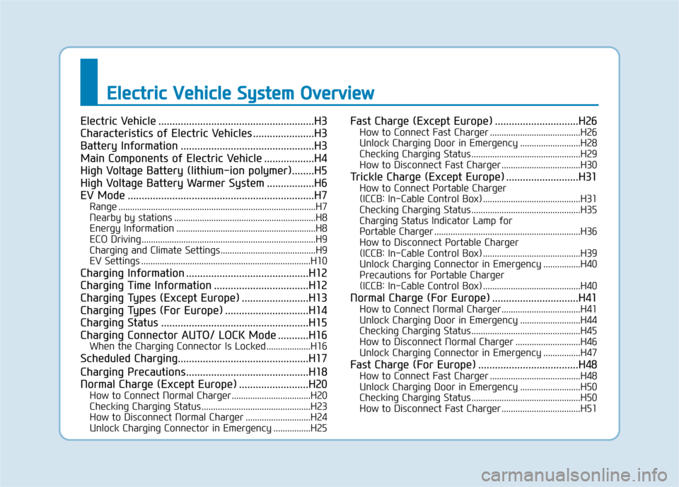 Hyundai Ioniq Electric 2017  Owners Manual EEllee ccttrr iicc   VV eehh iicc llee   SS yyssttee mm   OO vvee rrvv iiee ww
Electric Vehicle ........................................................H3 
Characteristics of Electric Vehicles .......
