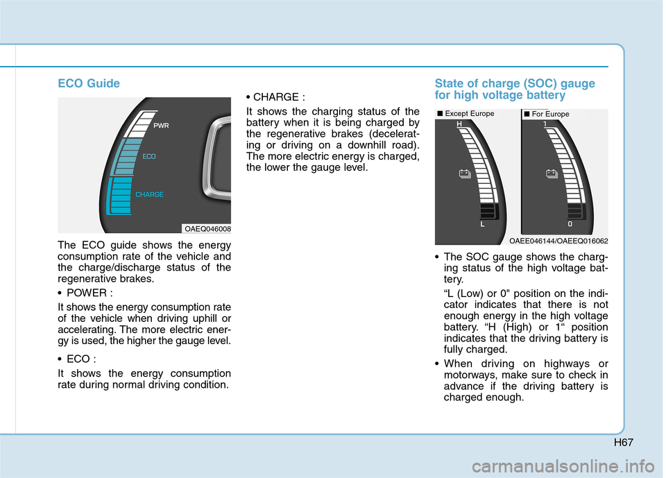 Hyundai Ioniq Electric 2017 Manual PDF H67
ECO Guide
The ECO guide shows the energy
consumption rate of the vehicle andthe charge/discharge status of the
regenerative brakes.
POWER :
It shows the energy consumption rate
of the vehicle Hyundai Ioniq Electric 2017 Manual PDF H67
ECO Guide
The ECO guide shows the energy
consumption rate of the vehicle andthe charge/discharge status of the
regenerative brakes.
POWER :
It shows the energy consumption rate
of the vehicle