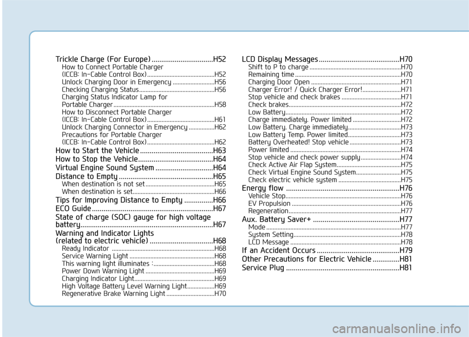 Hyundai Ioniq Electric 2017  Owners Manual Trickle Charge (For Europe) ................................H52How to Connect Portable Charger  
(ICCB: In-Cable Control Box) ..........................................H52Unlock Charging Door in Emerg