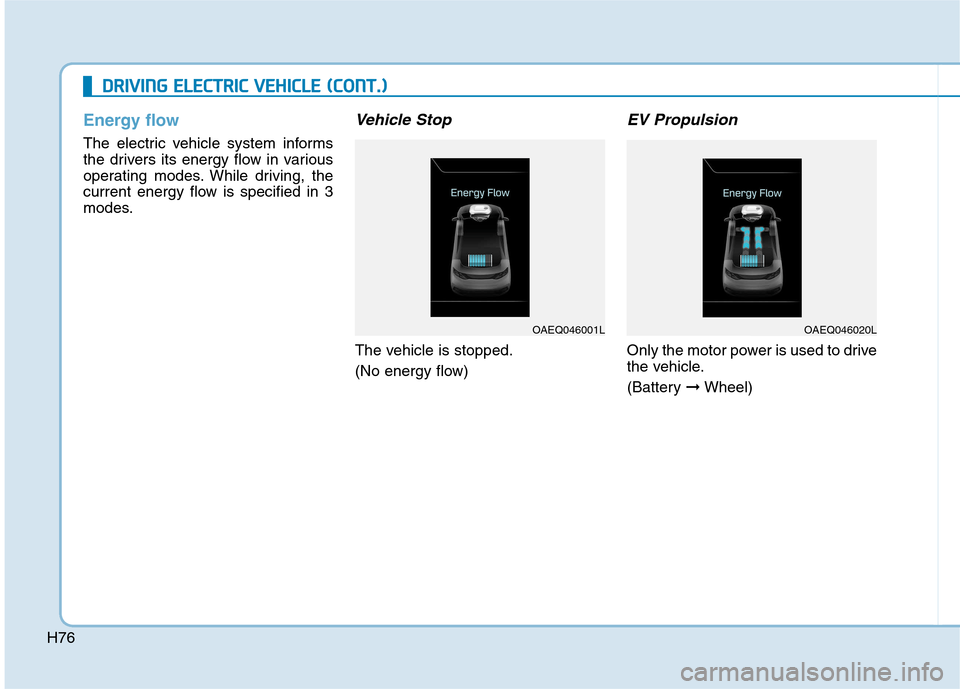Hyundai Ioniq Electric 2017 Owners Manual H76
DDRRIIVV IINN GG EE LLEE CCTT RR IICC VV EEHH IICC LLEE (( CC OO NNTT..))
Energy flow
The electric vehicle system informs
the drivers its energy flow in various
operating modes. While drivi Hyundai Ioniq Electric 2017 Owners Manual H76
DDRRIIVV IINN GG EE LLEE CCTT RR IICC VV EEHH IICC LLEE (( CC OO NNTT..))
Energy flow
The electric vehicle system informs
the drivers its energy flow in various
operating modes. While drivi