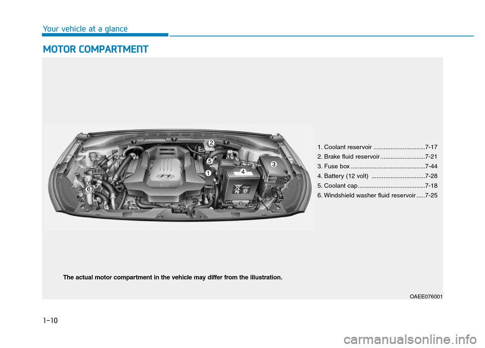 Hyundai Ioniq Electric 2017  Owners Manual MOTOR COMPARTMENT
1-10
Your vehicle at a glance
1. Coolant reservoir ..............................7-17 
2. Brake fluid reservoir ..........................7-21 
3. Fuse box ..........................