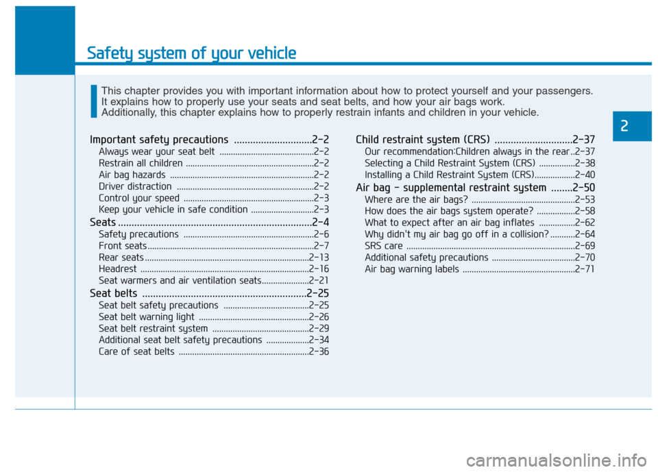 Hyundai Ioniq Electric 2017  Owners Manual Safety system of your vehicle
2
Important safety precautions .............................2-2Always wear your seat belt  ..........................................2-2 
Restrain all children ..........