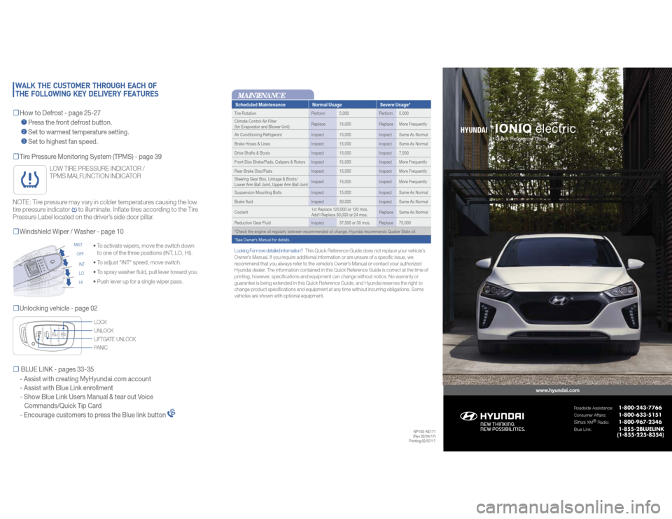 Hyundai Ioniq Electric 2017  Quick Reference Guide IONIQ
 electricwww.hyundai.com
Roadside Assistance:
  1-800-243-7766 
Consumer Affairs:
    1-800-633-5151 
Sirius 
XM®
Radio:
    1-800-967-2346 
Blue Link:
    1-855-2BLUELINK 
 (1-855-225-8354)
HY