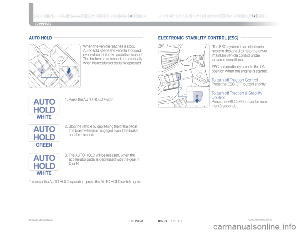 Hyundai Ioniq Electric 2017 Quick Reference Guide Quick Reference Guide I 43
42 I Quick Reference Guide
IONIQ ELECTRIC HYUNDAI
DRIVING
To cancel the AUTO HOLD operation, press the AUTO HOLD switch again.When the vehicle reaches a stop,
Auto Hold Hyundai Ioniq Electric 2017 Quick Reference Guide Quick Reference Guide I 43
42 I Quick Reference Guide
IONIQ ELECTRIC HYUNDAI
DRIVING
To cancel the AUTO HOLD operation, press the AUTO HOLD switch again.When the vehicle reaches a stop,
Auto Hold