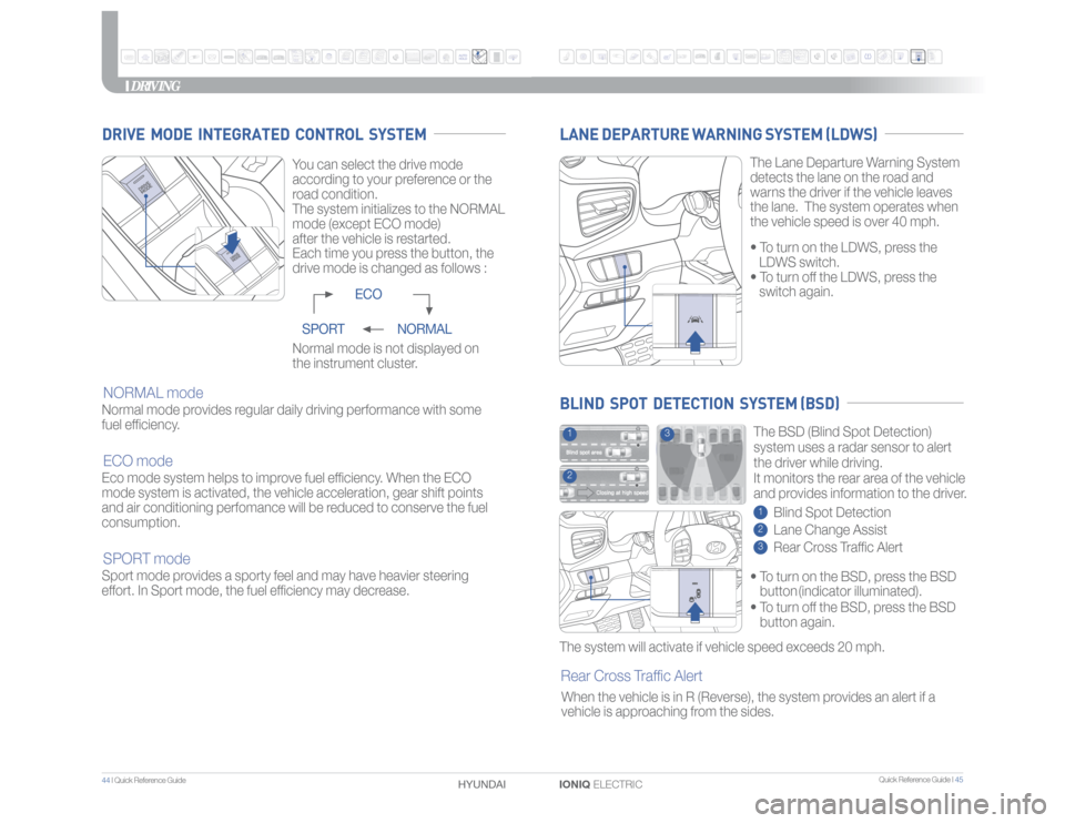 Hyundai Ioniq Electric 2017 Quick Reference Guide Quick Reference Guide I 45
44 I Quick Reference Guide
IONIQ ELECTRIC HYUNDAI LANE DEPARTURE WARNING SYSTEM (LDWS)
The Lane Departure Warning System
detects the lane on the road and
warns the drive Hyundai Ioniq Electric 2017 Quick Reference Guide Quick Reference Guide I 45
44 I Quick Reference Guide
IONIQ ELECTRIC HYUNDAI LANE DEPARTURE WARNING SYSTEM (LDWS)
The Lane Departure Warning System
detects the lane on the road and
warns the drive