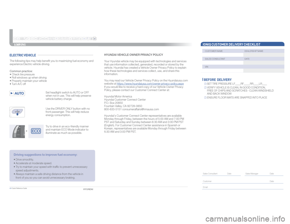 Hyundai Ioniq Electric 2017 Quick Reference Guide 48 I Quick Reference Guide
HYUNDAI
DRIVINGDRIVING
The following tips may help benefit you to maximizing fuel economy and
experience Electric vehicle driving.
Set headlight switch to AUTO or OFF
whe Hyundai Ioniq Electric 2017 Quick Reference Guide 48 I Quick Reference Guide
HYUNDAI
DRIVINGDRIVING
The following tips may help benefit you to maximizing fuel economy and
experience Electric vehicle driving.
Set headlight switch to AUTO or OFF
whe