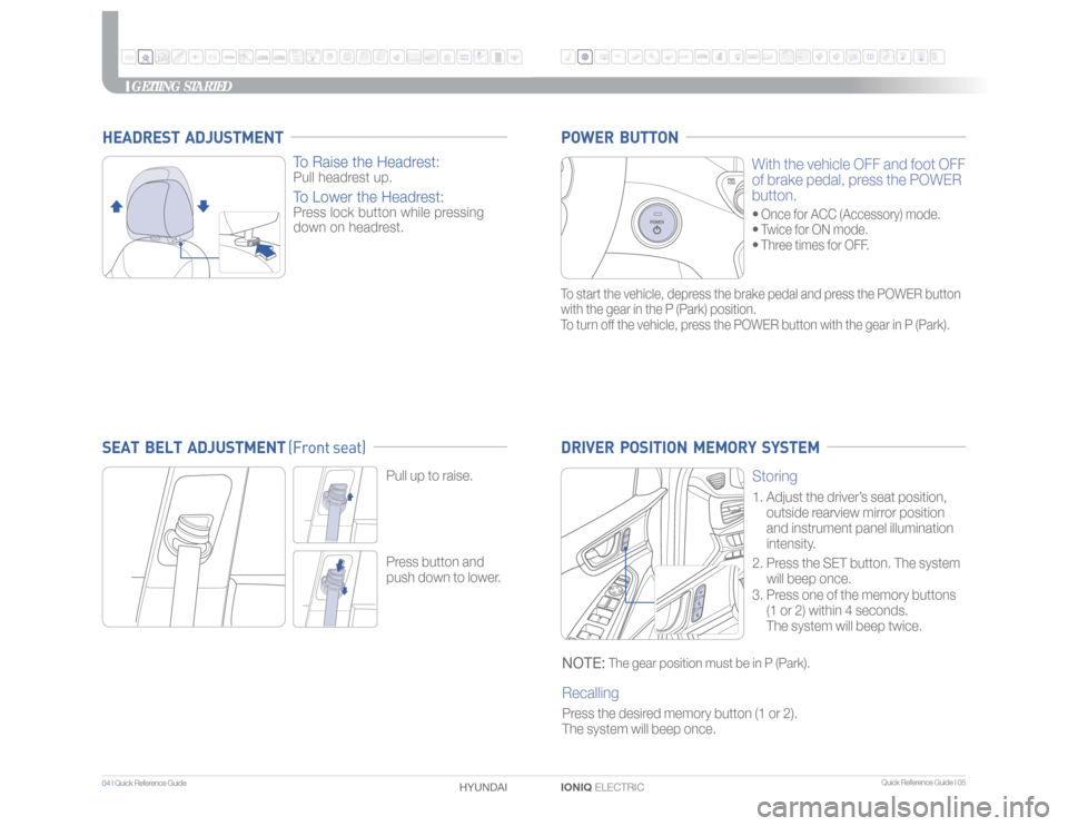 Hyundai Ioniq Electric 2017 Quick Reference Guide Quick Reference Guide I 05
04 I Quick Reference Guide
IONIQ ELECTRIC HYUNDAI
GETTING STARTED
Storing
1. Adjust the driver’s seat position,
outside rearview mirror position
and instrument pa Hyundai Ioniq Electric 2017 Quick Reference Guide Quick Reference Guide I 05
04 I Quick Reference Guide
IONIQ ELECTRIC HYUNDAI
GETTING STARTED
Storing
1. Adjust the driver’s seat position,
outside rearview mirror position
and instrument pa