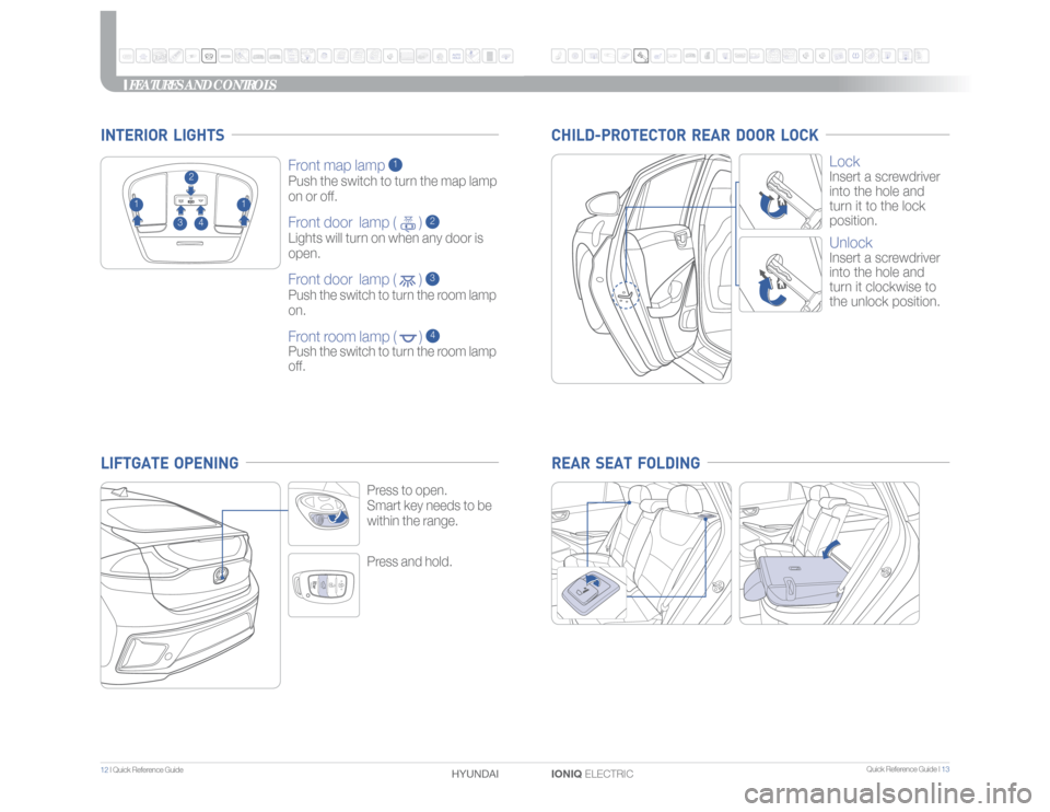 Hyundai Ioniq Electric 2017  Quick Reference Guide Quick Reference Guide I 13
12 I Quick Reference Guide  
IONIQ ELECTRIC HYUNDAI 
Press and hold.Press to open.
Smart key needs to be 
within the range.
Front map lamp 
1
Push the switch to turn the map