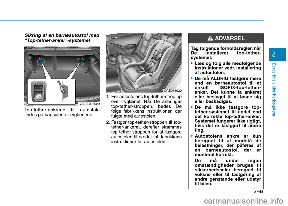 Hyundai Ioniq Electric 2017 Instruktionsbog (in Danish) 2-43
Deres bils sikkerhedssystem
2
Sikring af en barneautostol med"Top-tether-anker"-systemet
Top-tether-ankrene til autostole
findes på bagsiden af ryglænene. 1. Før autostolens top-tether-strop Hyundai Ioniq Electric 2017 Instruktionsbog (in Danish) 2-43
Deres bils sikkerhedssystem
2
Sikring af en barneautostol med"Top-tether-anker"-systemet
Top-tether-ankrene til autostole
findes på bagsiden af ryglænene. 1. Før autostolens top-tether-strop