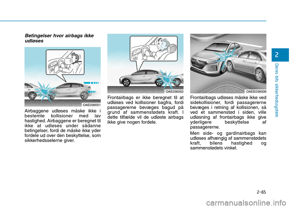 Hyundai Ioniq Electric 2017 Instruktionsbog (in Danish) 2-65
Deres bils sikkerhedssystem
2
Betingelser hvor airbags ikkeudløses
Airbaggene udløses måske ikke i
bestemte kollisioner med lav
hastighed. Airbaggene er beregnet til
ikke at udløses under s Hyundai Ioniq Electric 2017 Instruktionsbog (in Danish) 2-65
Deres bils sikkerhedssystem
2
Betingelser hvor airbags ikkeudløses
Airbaggene udløses måske ikke i
bestemte kollisioner med lav
hastighed. Airbaggene er beregnet til
ikke at udløses under s