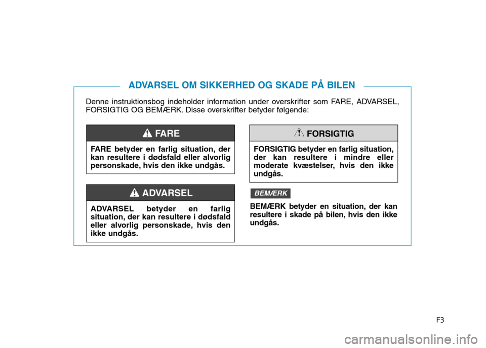Hyundai Ioniq Electric 2017  Instruktionsbog (in Danish) F3
Denne instruktionsbog indeholder information under overskrifter som FARE, ADVARSEL, 
FORSIGTIG OG BEMÆRK. Disse overskrifter betyder følgende:
ADVARSEL OM SIKKERHED OG SKADE PÅ BILEN
FARE betyde