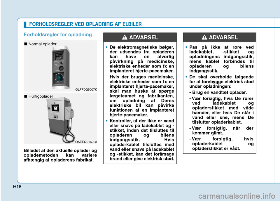 Hyundai Ioniq Electric 2017  Instruktionsbog (in Danish) H18
Forholdsregler for opladning
Billedet af den aktuelle oplader og 
oplademetoden kan variereafhængig af opladerens fabrikat.
De elektromagnetiske bølger, der udsendes fra opladeren
kan have en al