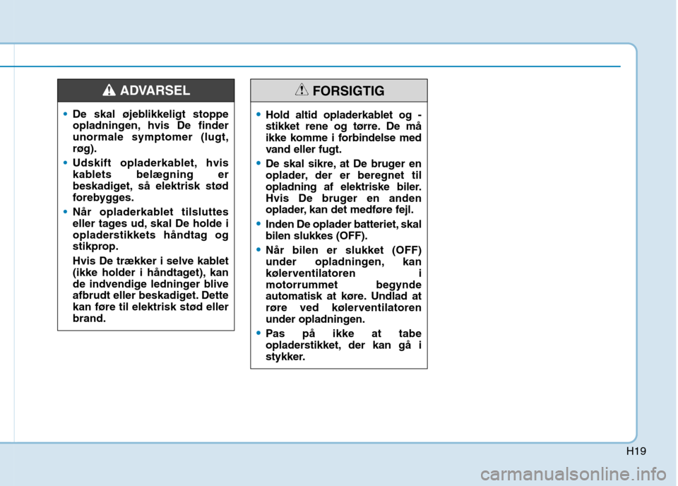 Hyundai Ioniq Electric 2017  Instruktionsbog (in Danish) H19
De skal øjeblikkeligt stoppe 
opladningen, hvis De finderunormale symptomer (lugt,røg).
Udskift opladerkablet, hvis 
kablets belægning er
beskadiget, så elektrisk stød
forebygges.
Når oplade