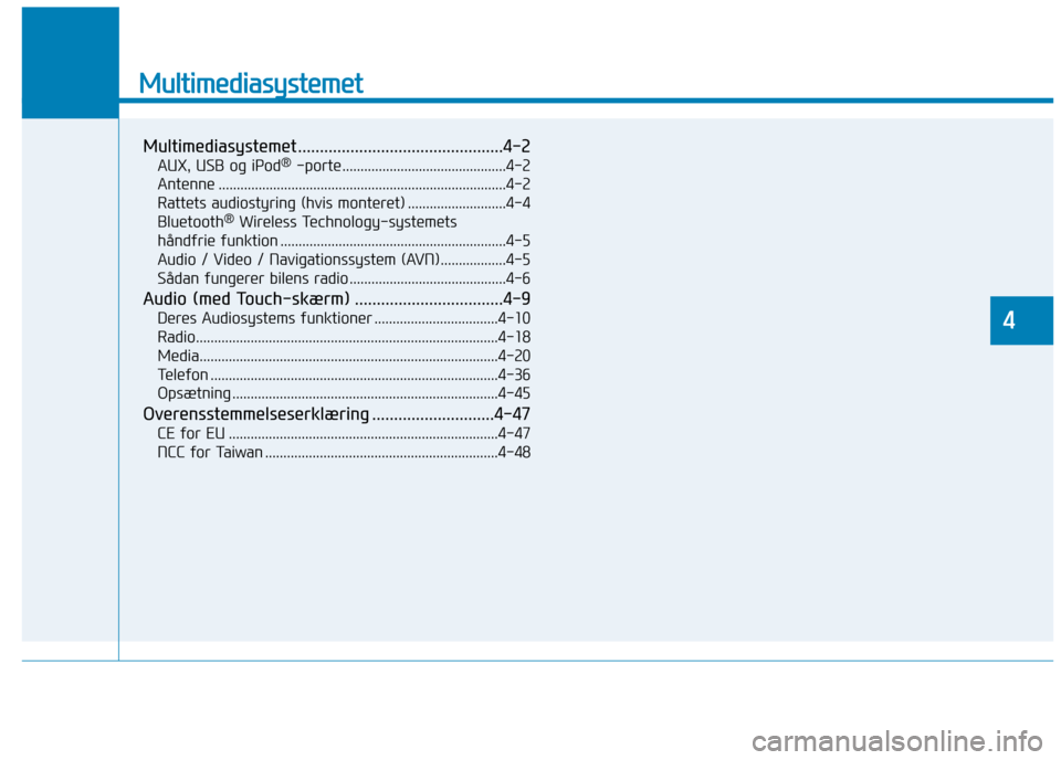 Hyundai Ioniq Electric 2017  Instruktionsbog (in Danish) Multimediasystemet
Multimediasystemet ...............................................4-2AUX, USB og iPod ®
-porte.............................................4-2
Antenne .............................