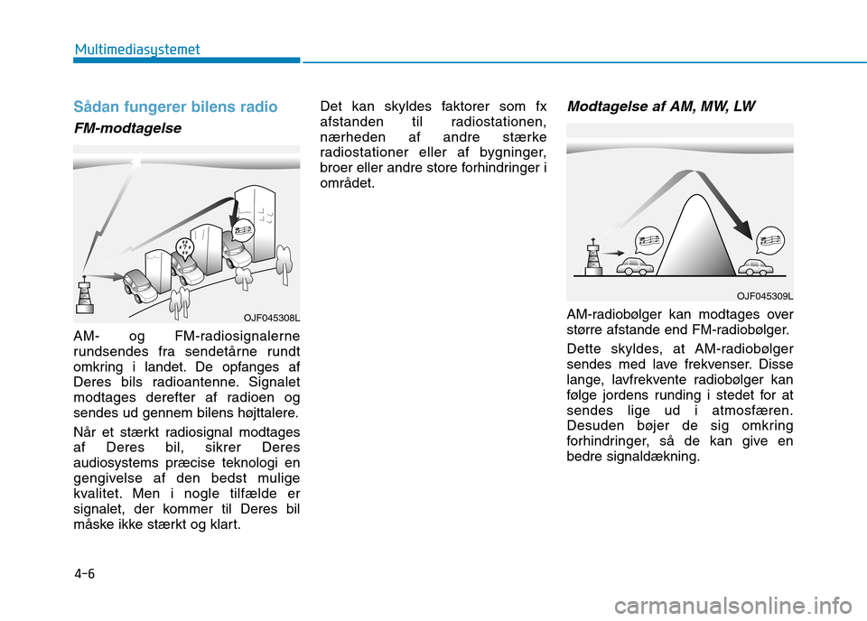 Hyundai Ioniq Electric 2017 Instruktionsbog (in Danish) 4-6
Multimediasystemet
Sådan fungerer bilens radio
FM-modtagelse
AM- og FM-radiosignalerne
rundsendes fra sendetårne rundt
omkring i landet. De opfanges af
Deres bils radioantenne. Signalet
modtag Hyundai Ioniq Electric 2017 Instruktionsbog (in Danish) 4-6
Multimediasystemet
Sådan fungerer bilens radio
FM-modtagelse
AM- og FM-radiosignalerne
rundsendes fra sendetårne rundt
omkring i landet. De opfanges af
Deres bils radioantenne. Signalet
modtag