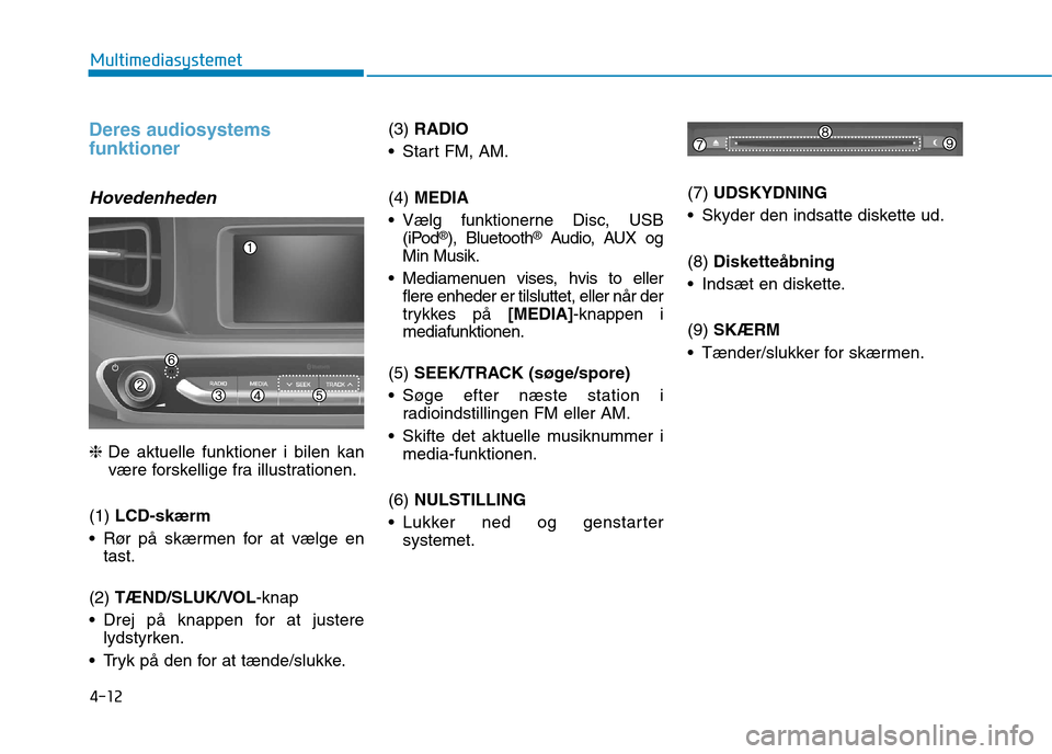 Hyundai Ioniq Electric 2017 Instruktionsbog (in Danish) 4-12
Multimediasystemet
Deres audiosystems funktioner
Hovedenheden
❈De aktuelle funktioner i bilen kan
være forskellige fra illustrationen.
(1) LCD-skærm
Rør på skærmen for at vælge en tast. Hyundai Ioniq Electric 2017 Instruktionsbog (in Danish) 4-12
Multimediasystemet
Deres audiosystems funktioner
Hovedenheden
❈De aktuelle funktioner i bilen kan
være forskellige fra illustrationen.
(1) LCD-skærm
Rør på skærmen for at vælge en tast.