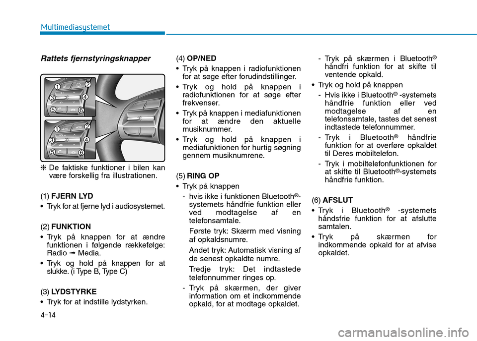 Hyundai Ioniq Electric 2017 Instruktionsbog (in Danish) 4-14
Multimediasystemet
Rattets fjernstyringsknapper
❈De faktiske funktioner i bilen kan
være forskellig fra illustrationen.
(1) FJERN LYD
Tryk for at fjerne lyd i audiosystemet. (2) FUNKTION
Try Hyundai Ioniq Electric 2017 Instruktionsbog (in Danish) 4-14
Multimediasystemet
Rattets fjernstyringsknapper
❈De faktiske funktioner i bilen kan
være forskellig fra illustrationen.
(1) FJERN LYD
Tryk for at fjerne lyd i audiosystemet. (2) FUNKTION
Try