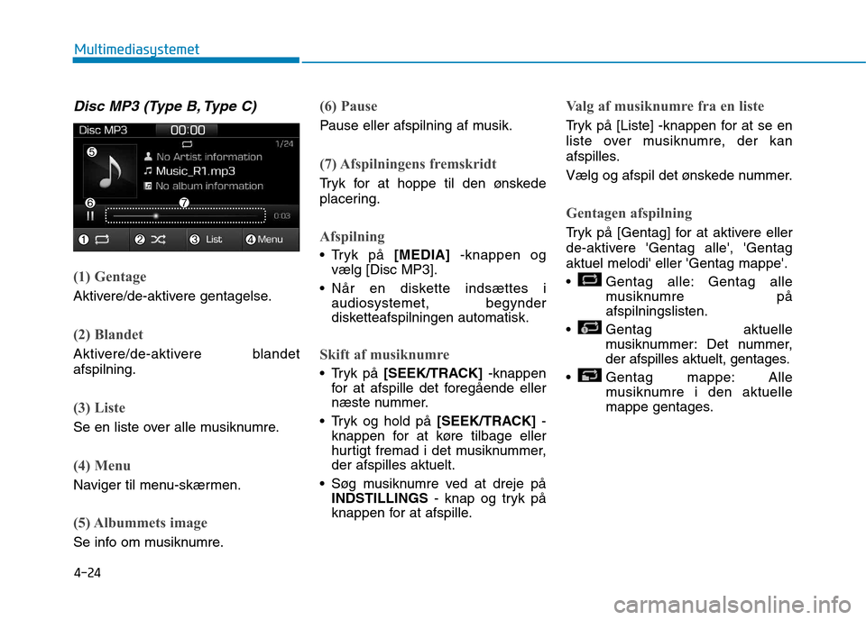 Hyundai Ioniq Electric 2017 Instruktionsbog (in Danish) 4-24
Multimediasystemet
Disc MP3 (Type B, Type C)
(1) Gentage
Aktivere/de-aktivere gentagelse.
(2) Blandet
Aktivere/de-aktivere blandet afspilning.
(3) Liste
Se en liste over alle musiknumre.
(4) Menu Hyundai Ioniq Electric 2017 Instruktionsbog (in Danish) 4-24
Multimediasystemet
Disc MP3 (Type B, Type C)
(1) Gentage
Aktivere/de-aktivere gentagelse.
(2) Blandet
Aktivere/de-aktivere blandet afspilning.
(3) Liste
Se en liste over alle musiknumre.
(4) Menu