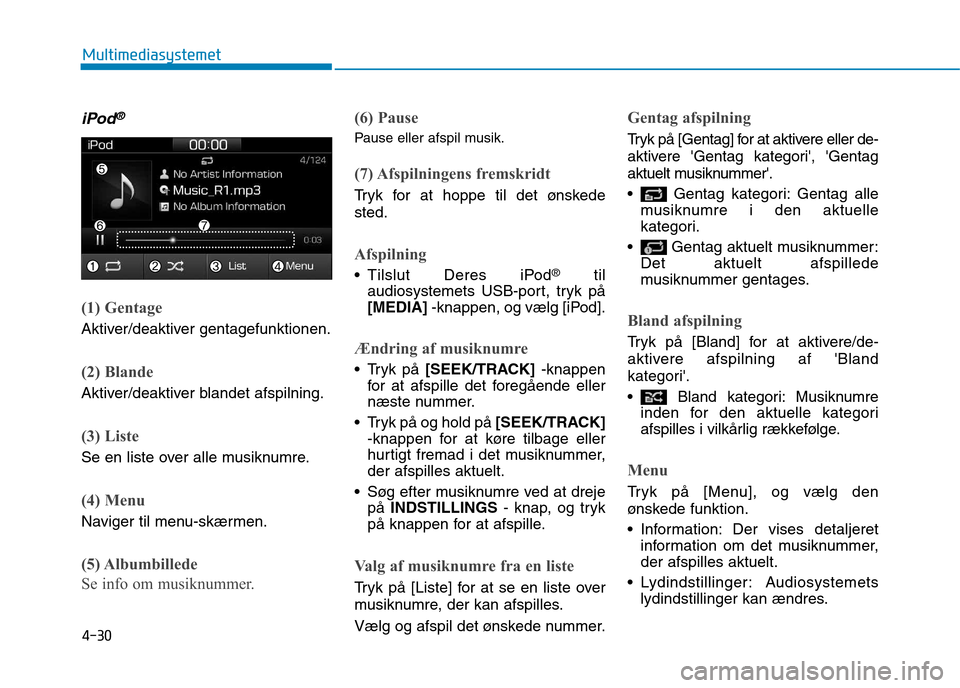 Hyundai Ioniq Electric 2017 Instruktionsbog (in Danish) 4-30
Multimediasystemet
iPod®
(1) Gentage
Aktiver/deaktiver gentagefunktionen.
(2) Blande
Aktiver/deaktiver blandet afspilning.
(3) Liste
Se en liste over alle musiknumre.
(4) Menu
Naviger til menu Hyundai Ioniq Electric 2017 Instruktionsbog (in Danish) 4-30
Multimediasystemet
iPod®
(1) Gentage
Aktiver/deaktiver gentagefunktionen.
(2) Blande
Aktiver/deaktiver blandet afspilning.
(3) Liste
Se en liste over alle musiknumre.
(4) Menu
Naviger til menu