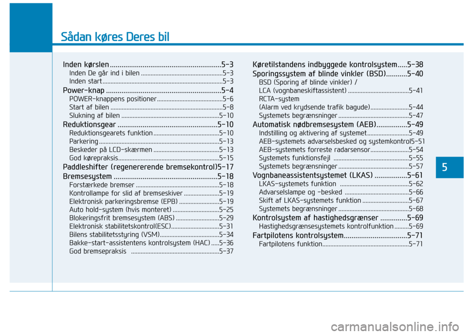 Hyundai Ioniq Electric 2017  Instruktionsbog (in Danish) Sådan køres Deres bil
Inden kørslen ..........................................................5-3Inden De går ind i bilen ...................................................5-3 
Inden start ......
