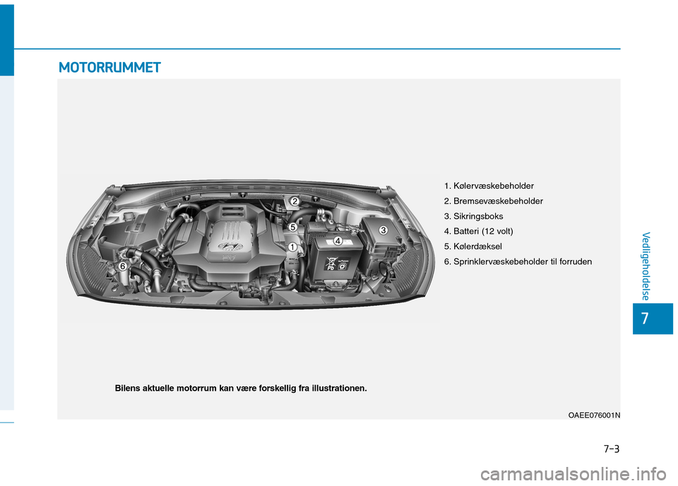 Hyundai Ioniq Electric 2017 Instruktionsbog (in Danish) 7-3
7
Vedligeholdelse
MMOOTTOO RRRR UU MM MMEETT
1. Kølervæskebeholder
2. Bremsevæskebeholder
3. Sikringsboks
4. Batteri (12 volt)
5. Kølerdæksel
6. Sprinklervæskebeholder til forruden
OAEE Hyundai Ioniq Electric 2017 Instruktionsbog (in Danish) 7-3
7
Vedligeholdelse
MMOOTTOO RRRR UU MM MMEETT
1. Kølervæskebeholder
2. Bremsevæskebeholder
3. Sikringsboks
4. Batteri (12 volt)
5. Kølerdæksel
6. Sprinklervæskebeholder til forruden
OAEE