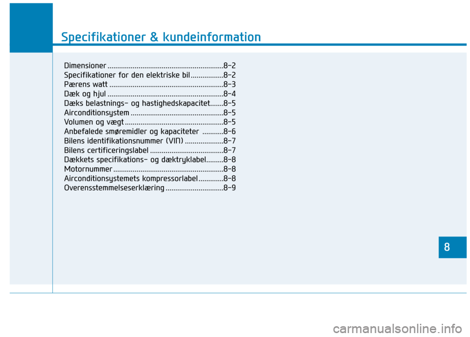 Hyundai Ioniq Electric 2017 Instruktionsbog (in Danish) 8
Specifikationer & kundeinformation
8
Specifikationer & kundeinformation
8
Dimensioner ............................................................8-2
Specifikationer for den elektriske bil ........ Hyundai Ioniq Electric 2017 Instruktionsbog (in Danish) 8
Specifikationer & kundeinformation
8
Specifikationer & kundeinformation
8
Dimensioner ............................................................8-2
Specifikationer for den elektriske bil ........