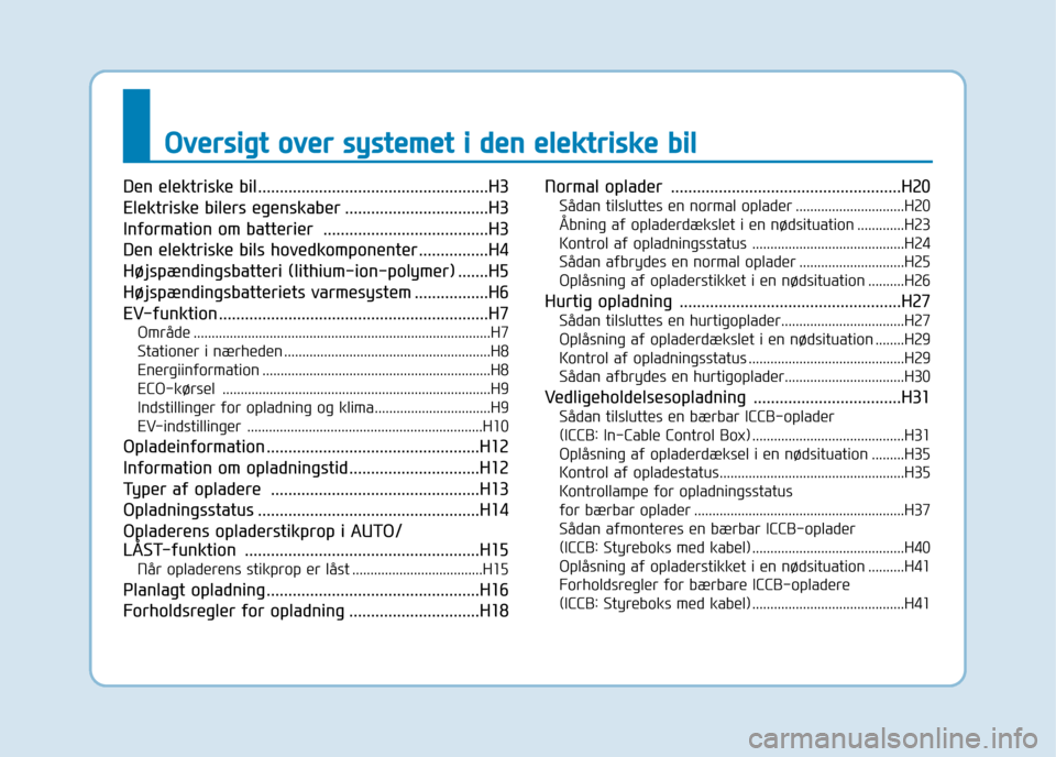 Hyundai Ioniq Electric 2017  Instruktionsbog (in Danish) OOvvee rrss iigg tt  oo vvee rr  ss yy ssttee mm eett  ii   dd eenn   ee llee kk ttrr iiss kk ee  bb iill
Den elektriske bil.....................................................H3 
Elektriske bilers e