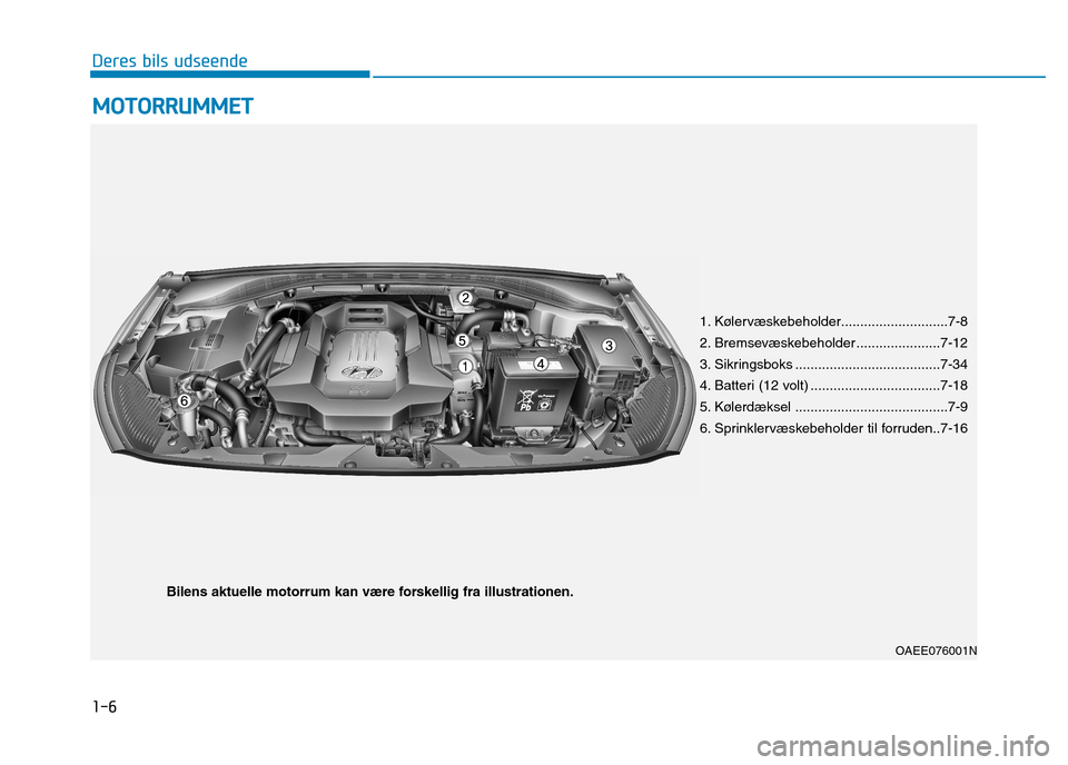 Hyundai Ioniq Electric 2017  Instruktionsbog (in Danish) 1-6
Deres bils udseendeM
M OOTTOO RRRR UU MM MMEETT
OAEE076001N
1. Kølervæskebeholder............................7-8 
2. Bremsevæskebeholder ......................7-12
3. Sikringsboks .............