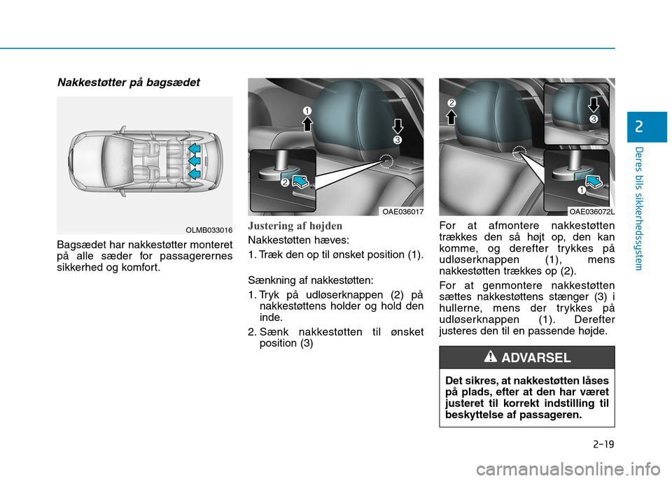Hyundai Ioniq Electric 2017 Instruktionsbog (in Danish) 2-19
Deres bils sikkerhedssystem
2
Nakkestøtter på bagsædet
Bagsædet har nakkestøtter monteret
på alle sæder for passagerernes
sikkerhed og komfort.
Justering af højden
Nakkestøtten hæves: Hyundai Ioniq Electric 2017 Instruktionsbog (in Danish) 2-19
Deres bils sikkerhedssystem
2
Nakkestøtter på bagsædet
Bagsædet har nakkestøtter monteret
på alle sæder for passagerernes
sikkerhed og komfort.
Justering af højden
Nakkestøtten hæves: