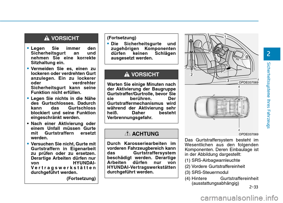 Hyundai Ioniq Electric 2017 Betriebsanleitung (in German) Sicherheitssysteme Ihres Fahrzeugs
2
Das Gurtstraffersystem besteht im
Wesentlichen aus den folgenden
Komponenten. Deren Einbaulage ist
in der Abbildung dargestellt:
(1) SRS-Airbagwarnleuchte
(2) Vo Hyundai Ioniq Electric 2017 Betriebsanleitung (in German) Sicherheitssysteme Ihres Fahrzeugs
2
Das Gurtstraffersystem besteht im
Wesentlichen aus den folgenden
Komponenten. Deren Einbaulage ist
in der Abbildung dargestellt:
(1) SRS-Airbagwarnleuchte
(2) Vo