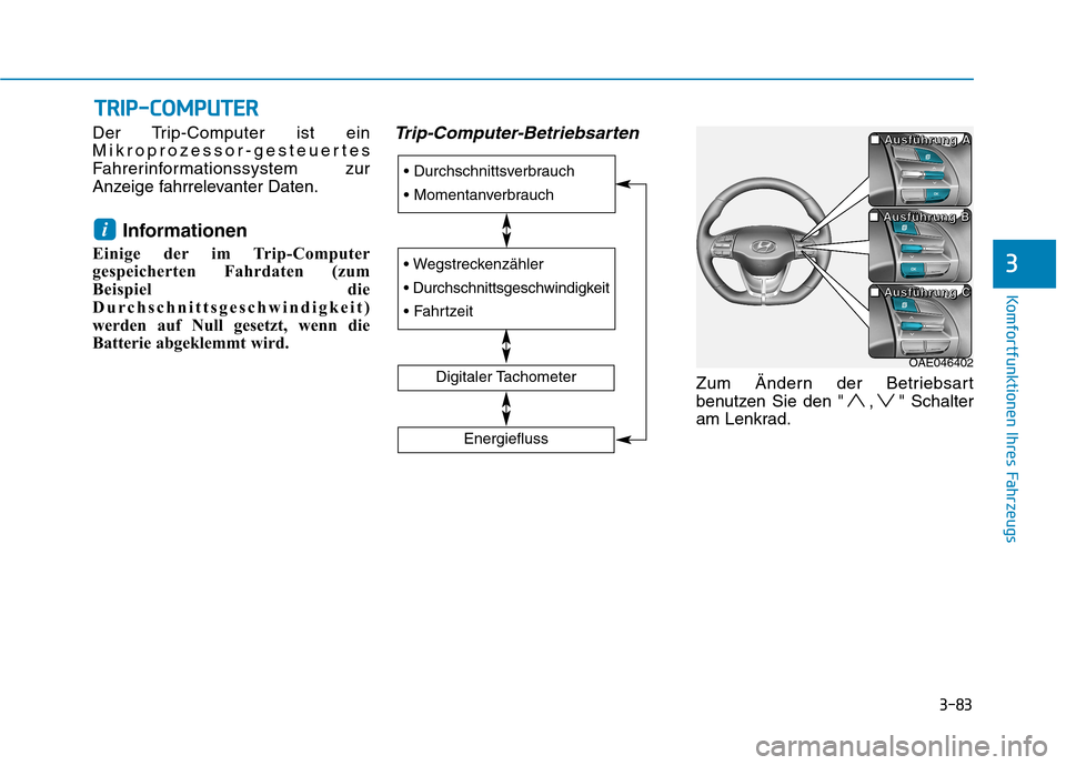 Hyundai Ioniq Electric 2017  Betriebsanleitung (in German) 3-83
Komfortfunktionen Ihres Fahrzeugs
3
TTRR IIPP --CC OO MM PPUU TTEERR
Der Trip-Computer ist ein 
Mikroprozessor-gesteuertes
Fahrerinformationssystem zur
Anzeige fahrrelevanter Daten.
Informationen