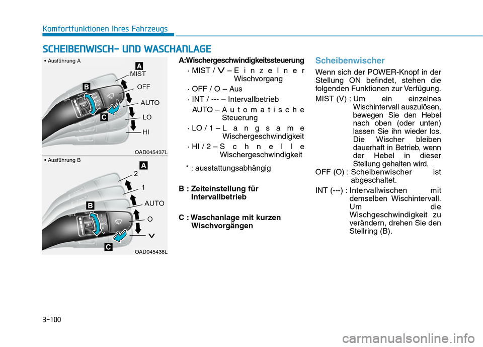 Hyundai Ioniq Electric 2017 Betriebsanleitung (in German) 3-100
Komfortfunktionen Ihres Fahrzeugs
A:Wischergeschwindigkeitssteuerung· MIST /
V– EinzelnerWischvorgang
· OFF / O – Aus
· INT / --- – Intervallbetrieb AUTO – Automatische Steuerung
· Hyundai Ioniq Electric 2017 Betriebsanleitung (in German) 3-100
Komfortfunktionen Ihres Fahrzeugs
A:Wischergeschwindigkeitssteuerung· MIST /
V– EinzelnerWischvorgang
· OFF / O – Aus
· INT / --- – Intervallbetrieb AUTO – Automatische Steuerung
·