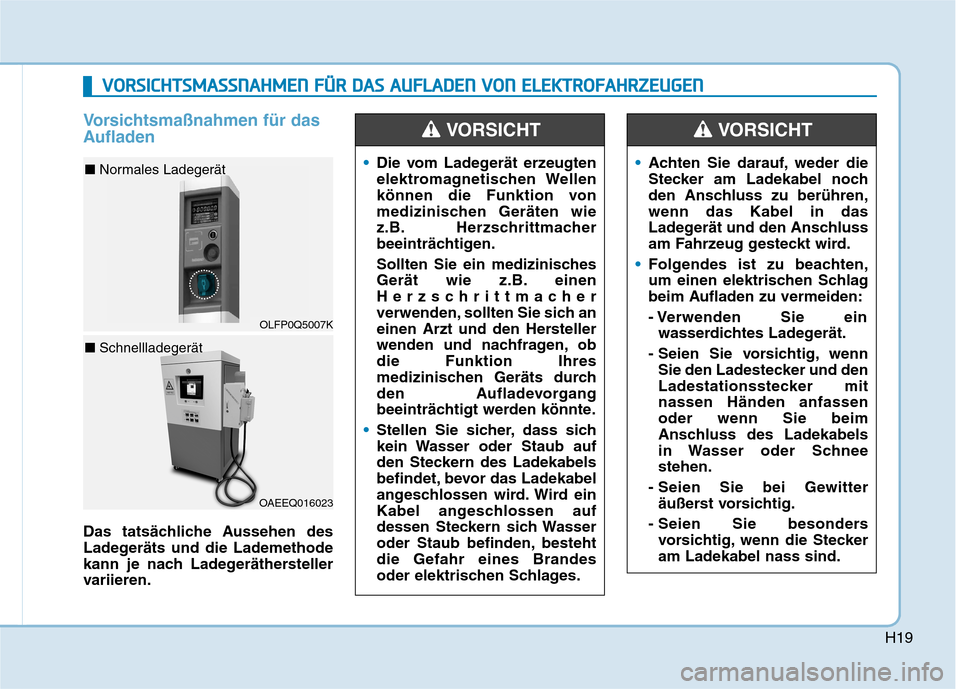 Hyundai Ioniq Electric 2017  Betriebsanleitung (in German) H19
Vorsichtsmaßnahmen für das 
Aufladen
Das tatsächliche Aussehen des 
Ladegeräts und die Lademethode
kann je nach Ladegeräthersteller
variieren.
Die vom Ladegerät erzeugten 
elektromagnetische
