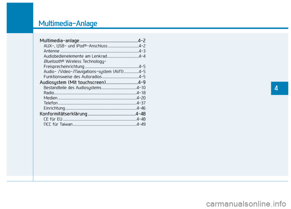 Hyundai Ioniq Electric 2017  Betriebsanleitung (in German) Multimedia-Anlage 
Multimedia-anlage .................................................4-2AUX-, USB- und iPod ®
-Anschluss ...............................4-2
Antenne ..................................