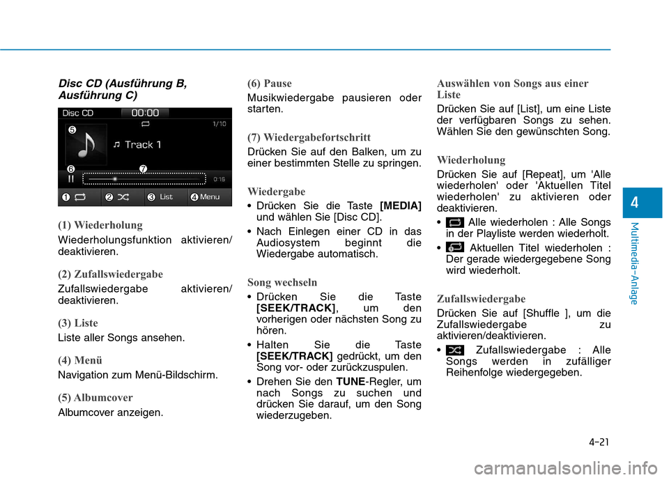 Hyundai Ioniq Electric 2017 Betriebsanleitung (in German) 4-21
Multimedia-Anlage
4
Disc CD (Ausführung B,Ausführung C)
(1) Wiederholung
Wiederholungsfunktion aktivieren/ deaktivieren.
(2) Zufallswiedergabe
Zufallswiedergabe aktivieren/ deaktivieren.
(3) L Hyundai Ioniq Electric 2017 Betriebsanleitung (in German) 4-21
Multimedia-Anlage
4
Disc CD (Ausführung B,Ausführung C)
(1) Wiederholung
Wiederholungsfunktion aktivieren/ deaktivieren.
(2) Zufallswiedergabe
Zufallswiedergabe aktivieren/ deaktivieren.
(3) L