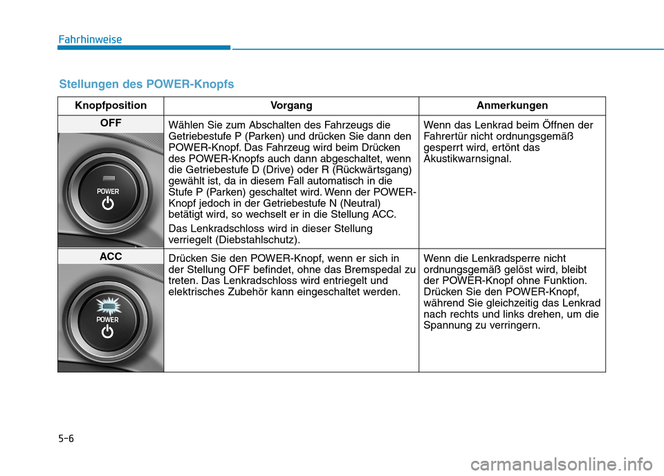 Hyundai Ioniq Electric 2017 Betriebsanleitung (in German) 5-6
Fahrhinweise
Stellungen des POWER-Knopfs
Knopfposition Vorgang Anmerkungen
OFFWählen Sie zum Abschalten des Fahrzeugs die
Getriebestufe P (Parken) und drücken Sie dann den
POWER-Knopf. Das Fahr Hyundai Ioniq Electric 2017 Betriebsanleitung (in German) 5-6
Fahrhinweise
Stellungen des POWER-Knopfs
Knopfposition Vorgang Anmerkungen
OFFWählen Sie zum Abschalten des Fahrzeugs die
Getriebestufe P (Parken) und drücken Sie dann den
POWER-Knopf. Das Fahr