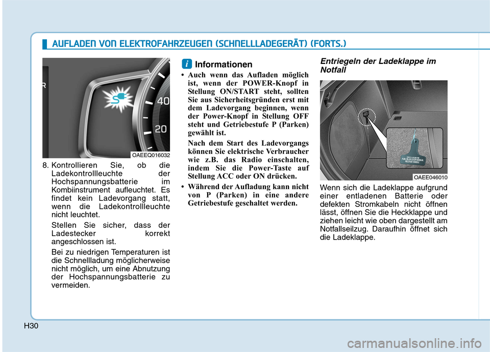 Hyundai Ioniq Electric 2017  Betriebsanleitung (in German) H30
8. Kontrollieren Sie, ob dieLadekontrollleuchte der 
Hochspannungsbatterie im
Kombiinstrument aufleuchtet. Es
findet kein Ladevorgang statt,
wenn die Ladekontrollleuchtenicht leuchtet. 
Stellen Si