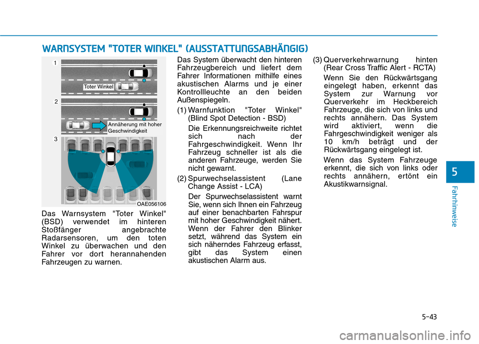 Hyundai Ioniq Electric 2017 Betriebsanleitung (in German) 5-43
Fahrhinweise
5
Das Warnsystem "Toter Winkel"
(BSD) verwendet im hinteren
Stoßfänger angebrachteRadarsensoren, um den toten
Winkel zu überwachen und den
Fahrer vor dort herannahenden
Fahrzeuge Hyundai Ioniq Electric 2017 Betriebsanleitung (in German) 5-43
Fahrhinweise
5
Das Warnsystem "Toter Winkel"
(BSD) verwendet im hinteren
Stoßfänger angebrachteRadarsensoren, um den toten
Winkel zu überwachen und den
Fahrer vor dort herannahenden
Fahrzeuge