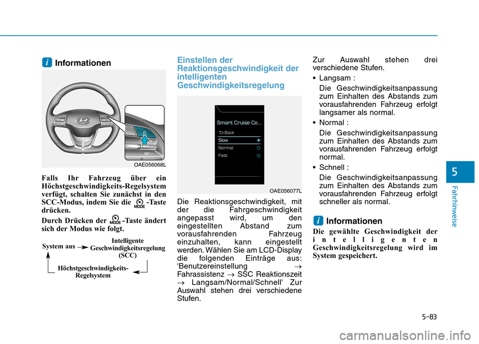 Hyundai Ioniq Electric 2017 Betriebsanleitung (in German) 5-83
Fahrhinweise
5
Informationen
Falls Ihr Fahrzeug über ein
Höchstgeschwindigkeits-Regelsystem
verfügt, schalten Sie zunächst in den
SCC-Modus, indem Sie die -Taste
drücken.
Durch Drücken d Hyundai Ioniq Electric 2017 Betriebsanleitung (in German) 5-83
Fahrhinweise
5
Informationen
Falls Ihr Fahrzeug über ein
Höchstgeschwindigkeits-Regelsystem
verfügt, schalten Sie zunächst in den
SCC-Modus, indem Sie die -Taste
drücken.
Durch Drücken d