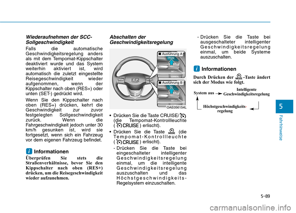Hyundai Ioniq Electric 2017 Betriebsanleitung (in German) 5-89
Fahrhinweise
5
Wiederaufnehmen der SCC-Sollgeschwindigkeit
Falls die automatische
Geschwindigkeitsregelung anders
als mit dem Tempomat-Kippschalter
deaktiviert wurde und das System
weiterhin akt Hyundai Ioniq Electric 2017 Betriebsanleitung (in German) 5-89
Fahrhinweise
5
Wiederaufnehmen der SCC-Sollgeschwindigkeit
Falls die automatische
Geschwindigkeitsregelung anders
als mit dem Tempomat-Kippschalter
deaktiviert wurde und das System
weiterhin akt